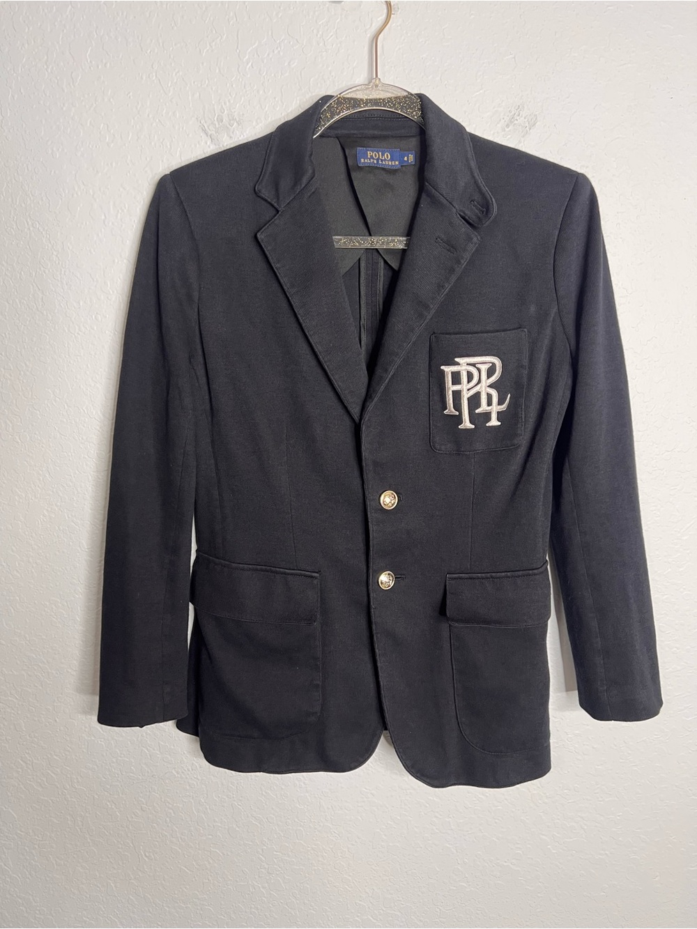 Polo Ralph Lauren Knit Blazer Women’s Size 4 Black Embroidered Logo Silver B14